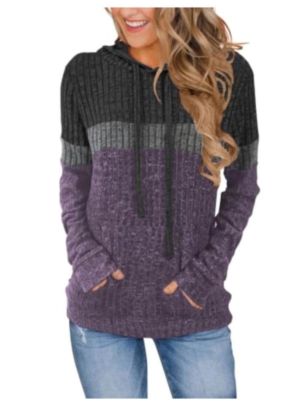 Women's Color Block Ribbed Knit Hoodie Pullover Sweater with Pockets